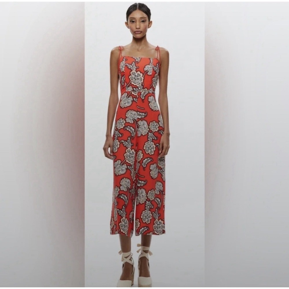 Alice + Olivia Josie Tie Strap Red Black Floral Jumpsuit  Wide Leg